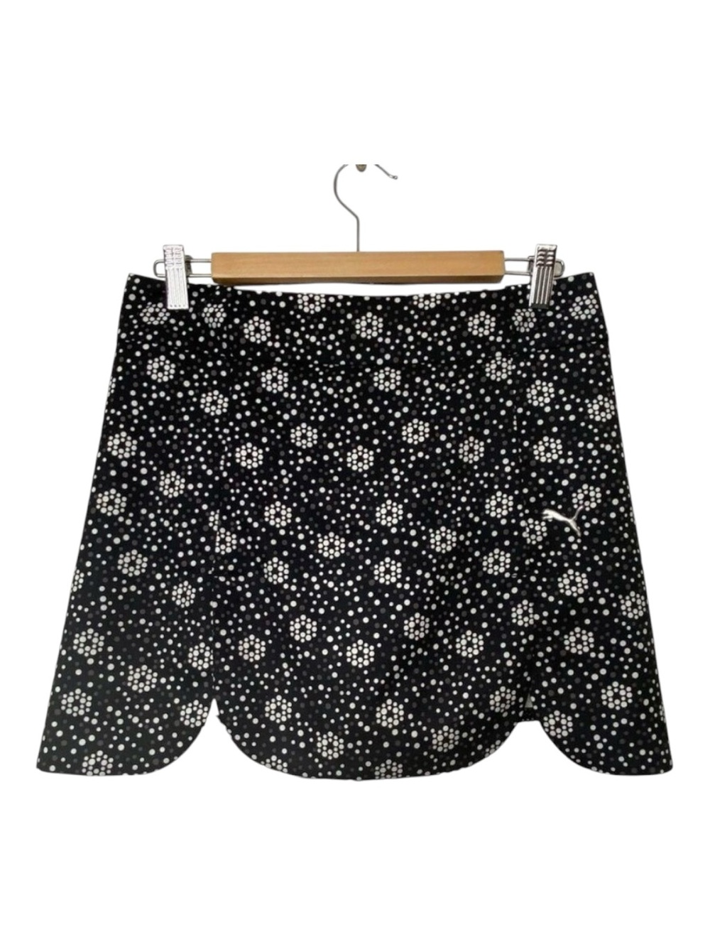 Puma golf black sports mini skirt shorts/skort white brown dots pocket size XS